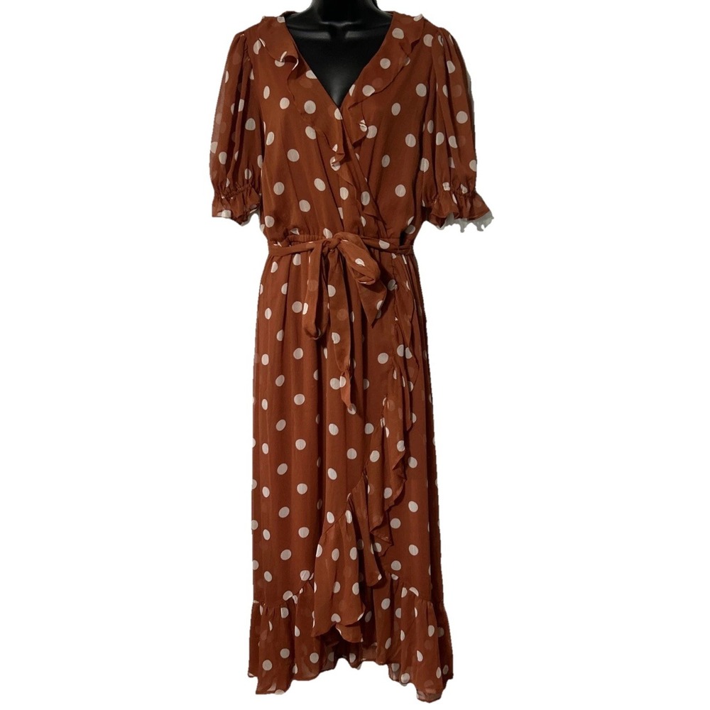 Lauren Conrad LC Burnt Orange / Rust Color Polka Dot Ruffle Faux Wrap Dress XL